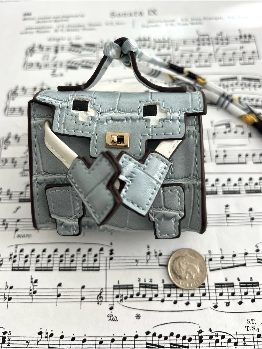 Mini Light Blue Handbag-Shaped AirPods Case Holder with Strap & Keychain